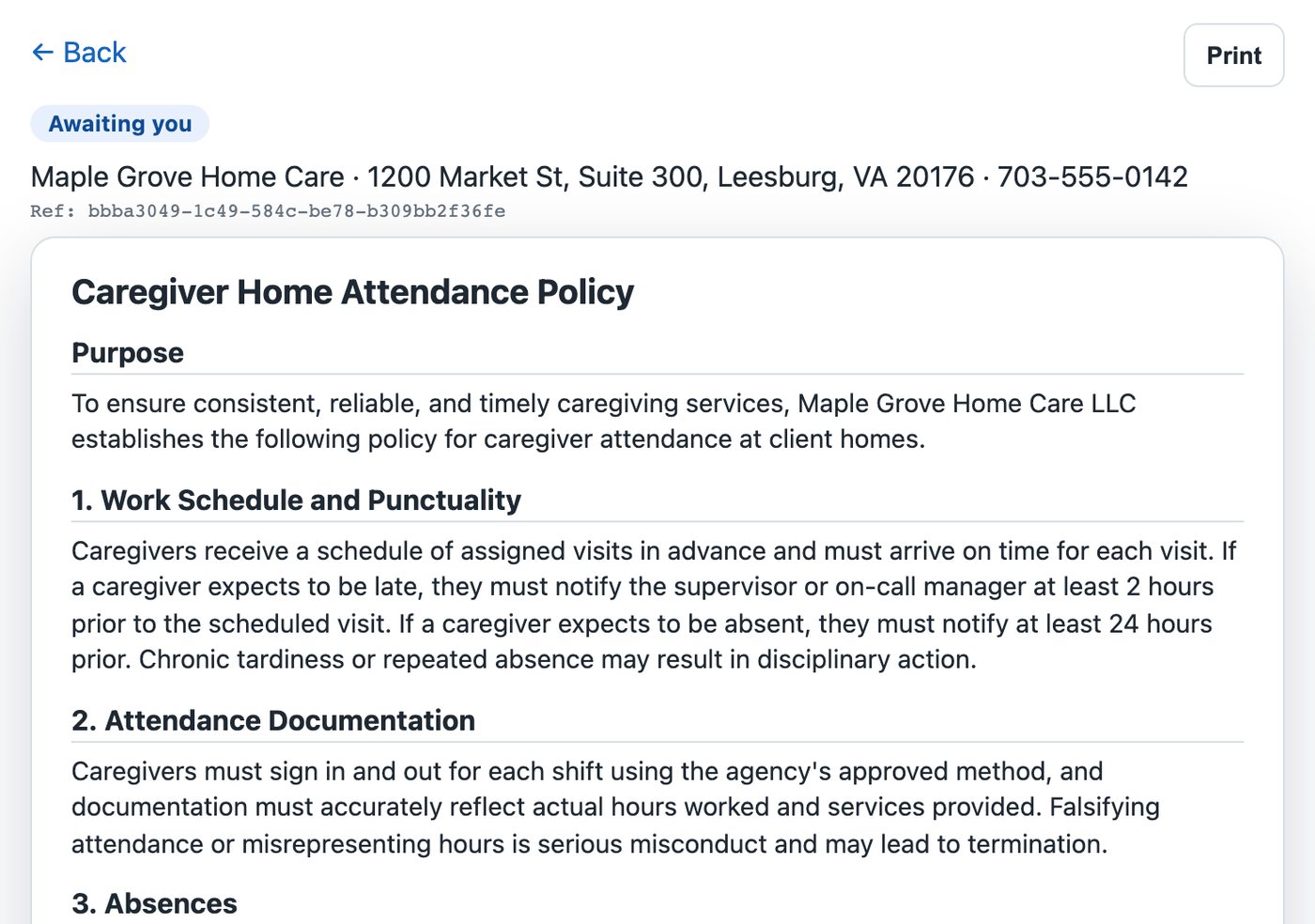 The top of a caregiver policy form