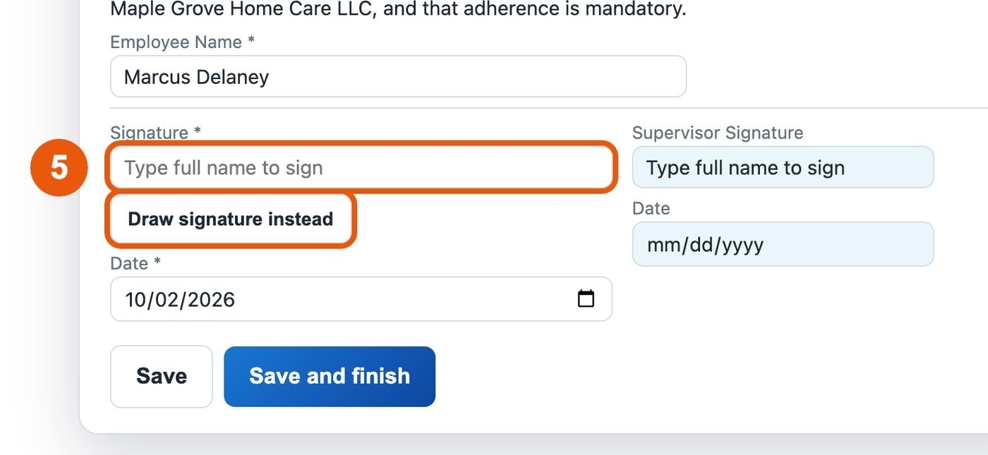 The Signature box circled and numbered 5, with the Draw signature instead button