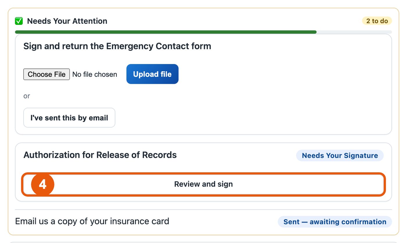 The Needs Your Attention box with the Review and sign button circled