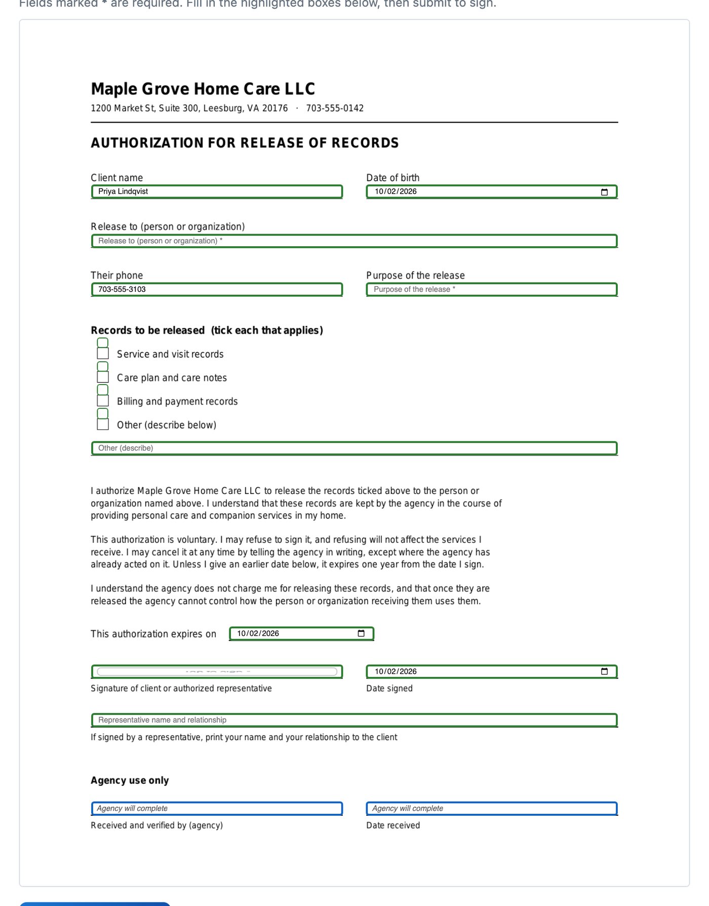 The whole form, with green boxes for you and blue boxes for the agency