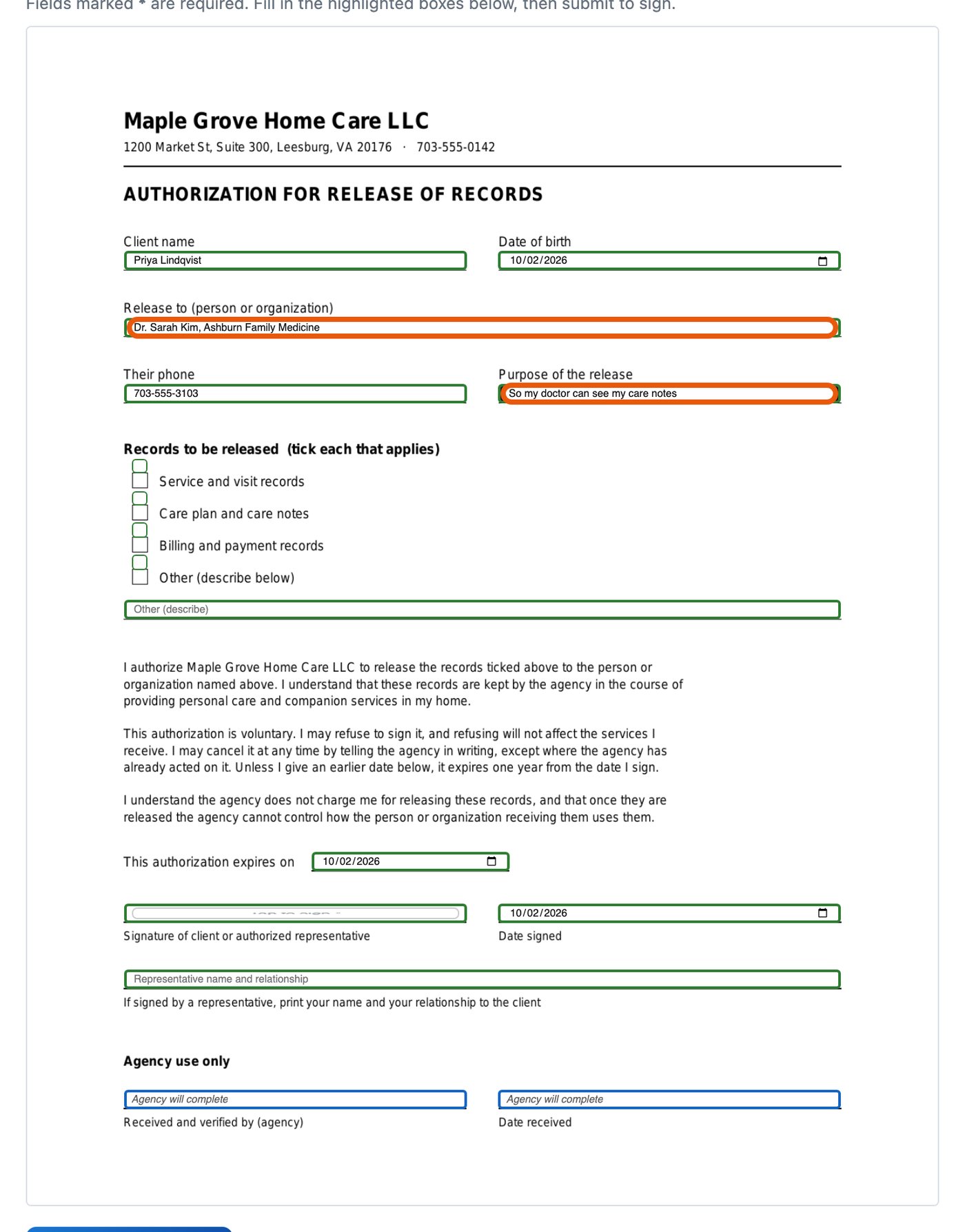 The form with two filled-in boxes circled