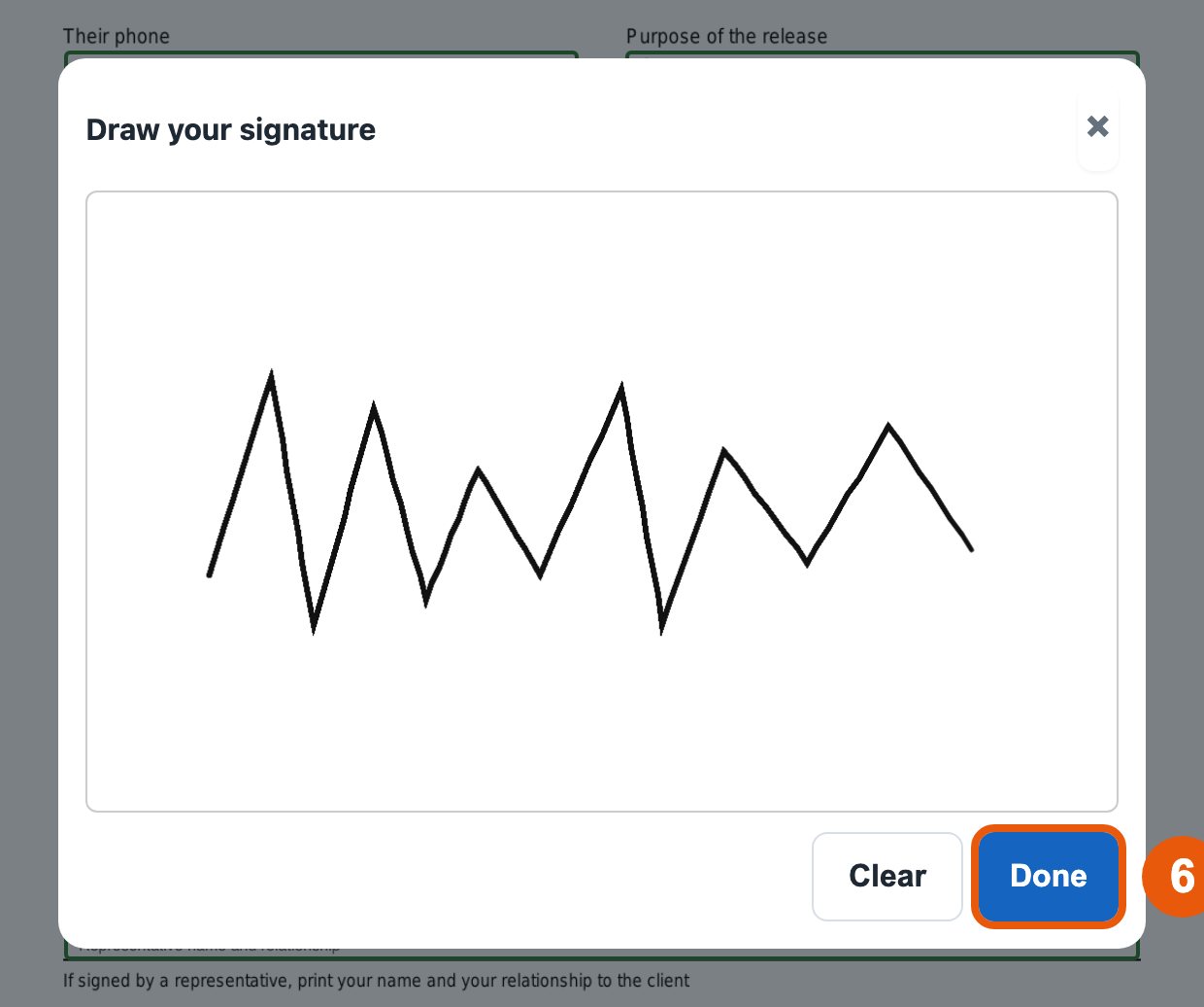 The Draw your signature window with a signature and the Done button circled